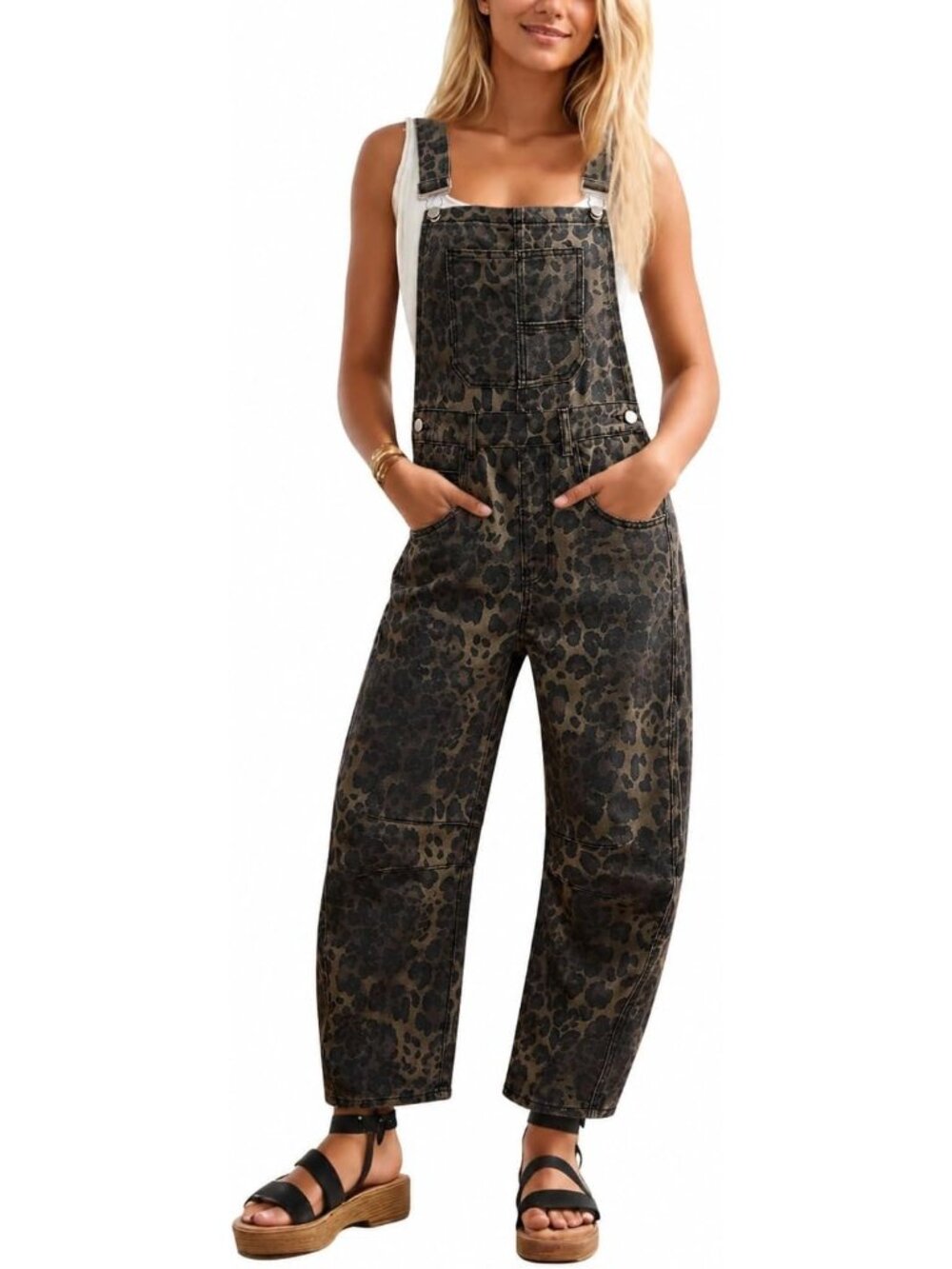 Women's Leopard Denim Bib Overalls Barrel Leg Adjustable Strap Jean Jumpsuits
